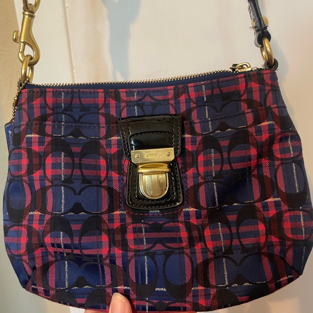 Coach Signature Plaid Small Crossbody Bag in Navy & Pink